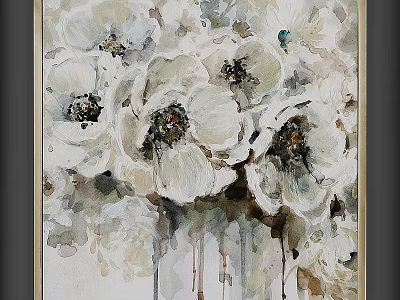 Artistic Picture Frame With Watercolor White Flowers Dark Centers And Dripping Paint 3d model