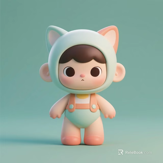 Cute Baby Doll With Cat Ear Costume And Pastel Overalls On Light Green Background 3d model 