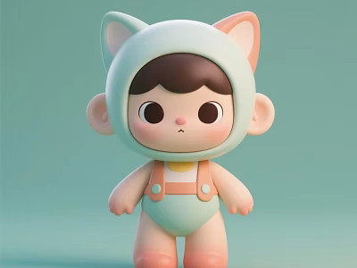 Cute Baby Doll With Cat Ear Costume And Pastel Overalls On Light Green Background 3d model