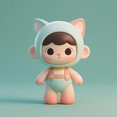 Cute Baby Doll With Cat Ear Costume And Pastel Overalls On Light Green Background 3d model