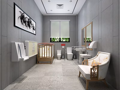 Public Restroom Interior With Gray Walls Baby Changing Station Sinks Mirrors And Sofa Chair 3d model