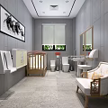 Public Restroom Interior With Gray Walls Baby Changing Station Sinks Mirrors And Sofa Chair