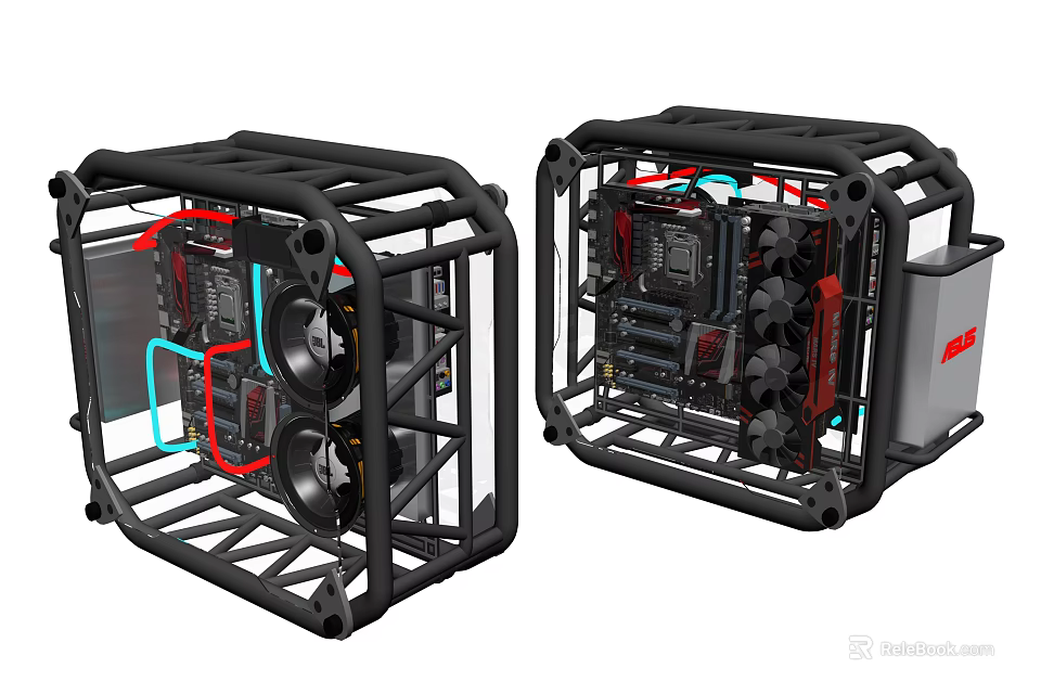 Open Frame Modular PC Case With Cooling Fans Red Blue Heat Pipes Split Design 3d model 