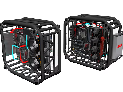 Open Frame Modular PC Case With Cooling Fans Red Blue Heat Pipes Split Design 3d model
