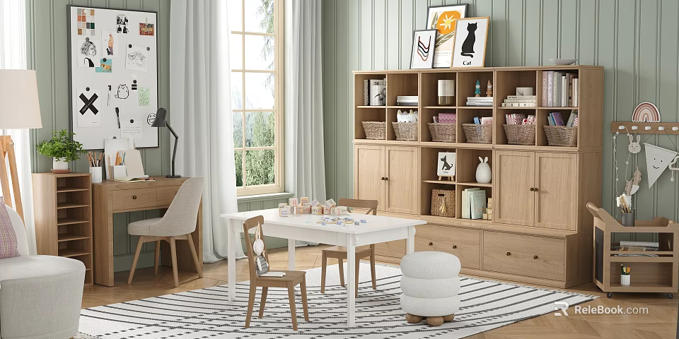 Light Filled Home Learning Space With White Table Kids Chairs Wooden Bookshelf And Green Walls 3d model 