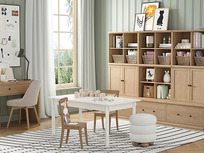 Light Filled Home Learning Space With White Table Kids Chairs Wooden Bookshelf And Green Walls 3d model