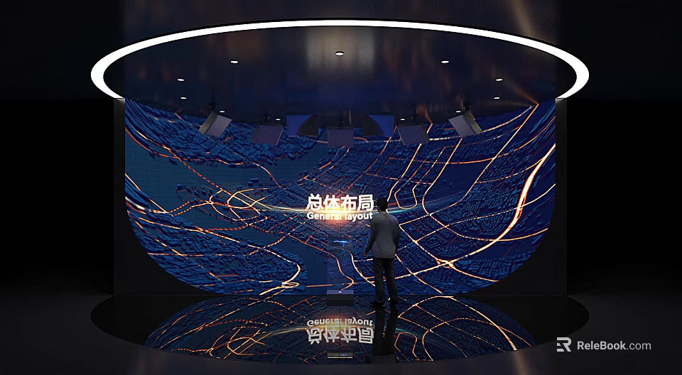 Modern Exhibition Hall With Large Digital Screen Displaying Overall Layout And Ambient Lighting 3d model