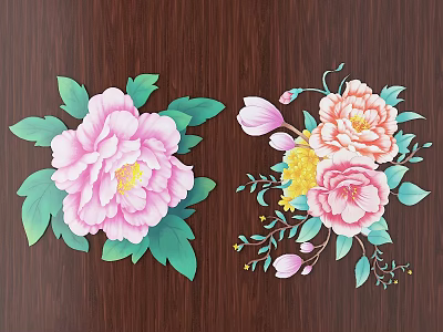 Intricate Flower Carved Patterns With Pink Peonies Green Leaves On Wooden Background 3d model