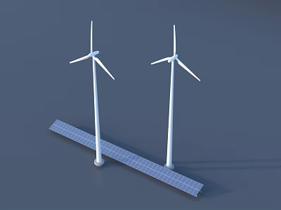 Renewable Energy Installation With Two Wind Turbines And Solar Panels Row 3d model