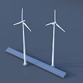 Renewable Energy Installation With Two Wind Turbines And Solar Panels Row