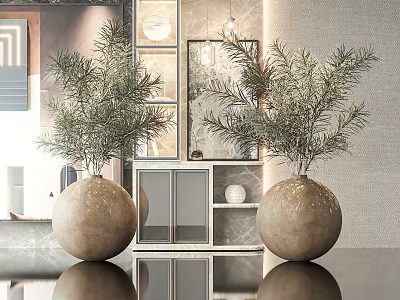 Spherical Textured Light Brown Vases With Green Slender Leaf Plants In Modern Interior 3d model