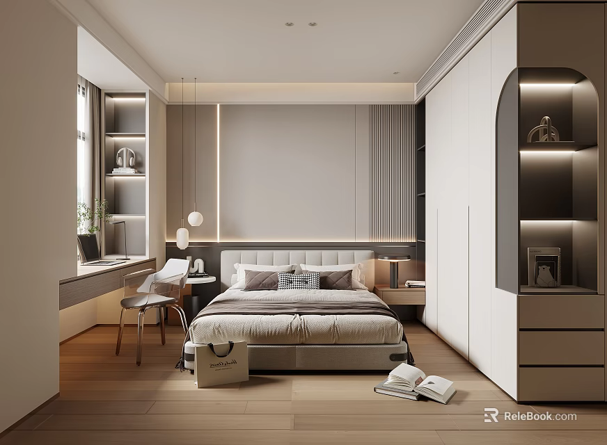 Modern Bedroom Interior Design With Bed Nightstand Pendant Lights Desk And Wardrobe 3d model 