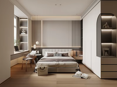 Modern Bedroom Interior Design With Bed Nightstand Pendant Lights Desk And Wardrobe 3d model