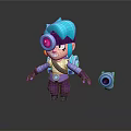 Cartoon 3D Character With Turquoise Hair Eye Lens And Purple Outfit With Mechanical Device
