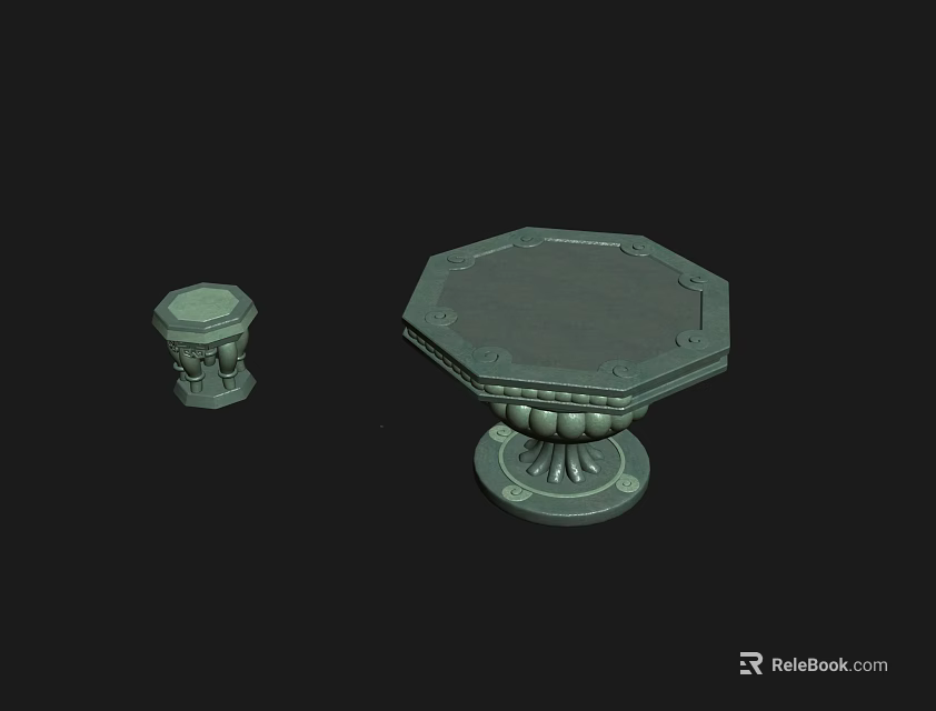 Small And Large Decorative Stools With Octagonal Top And Carved Base Design 3d model 