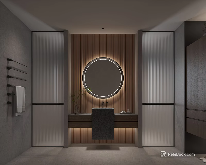 Modern Bathroom Interior With Round Mirror Wooden Wall And Vanity Light Strip 3d model 