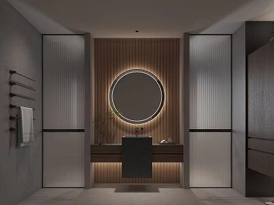 Modern Bathroom Interior With Round Mirror Wooden Wall And Vanity Light Strip 3d model