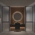 Modern Bathroom Interior With Round Mirror Wooden Wall And Vanity Light Strip
