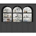 Modern Black Bookcase Featuring Arched Open Shelves Closed Cabinets With Books And Decorations