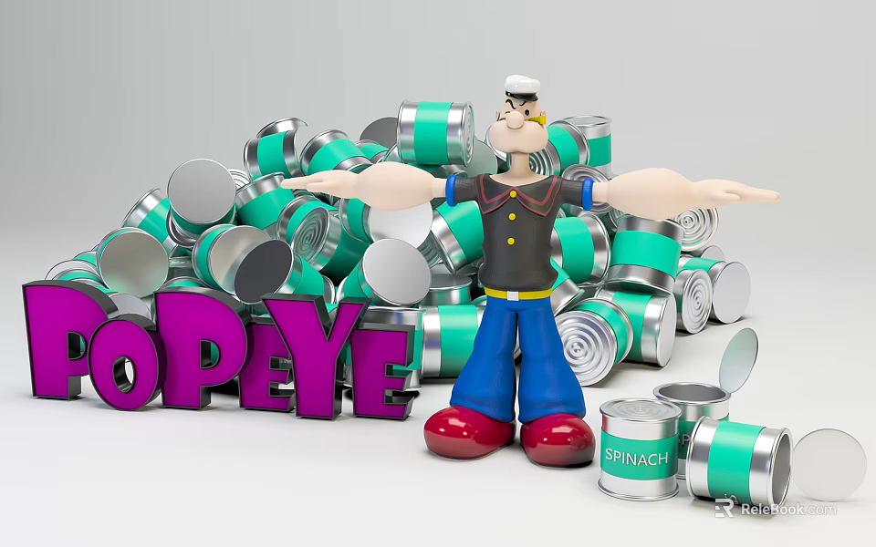 Popeye Cartoon Character With Open Arms Surrounded By Green Silver Cans And Purple Letters 3d model 