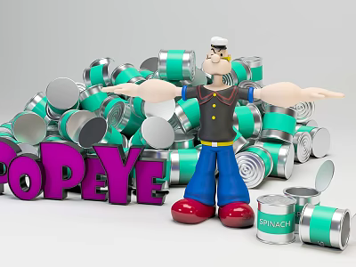 Popeye Cartoon Character With Open Arms Surrounded By Green Silver Cans And Purple Letters 3d model