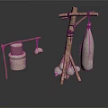 Handmade Wooden Storage Tools With Hanging Bags And Round Objects On Stands