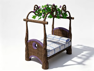 Wooden Single Bed With Curved Frame Vine Decor And Blue White Striped Mattress 3d model