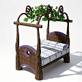Wooden Single Bed With Curved Frame Vine Decor And Blue White Striped Mattress
