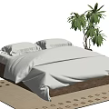 Comfortable Double Bed with White Bedspread Pillows Side Table and Green Plant on Patterned Rug 3d model