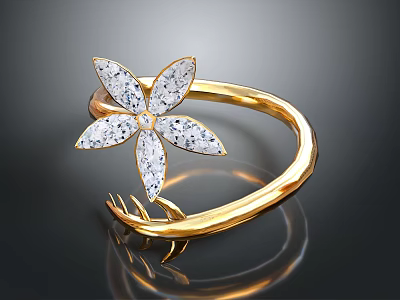 Elegant Gold Ring Featuring Flower Design With Diamond Accents For Daily Use 3d model