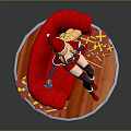 Anime Character in Santa Costume on Red Quilted Sofa With Blonde Hair And Gift Boxes