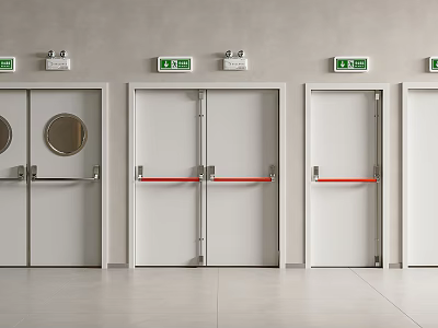 White Safety Exit Doors With Red Horizontal Bars And Green Exit Signs Above Gray Walls 3d model