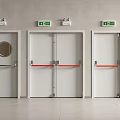 White Safety Exit Doors With Red Horizontal Bars And Green Exit Signs Above Gray Walls