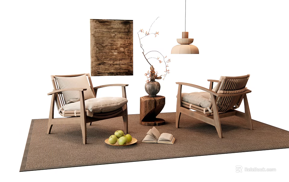 Two Leisure Chairs on Rug with Fruit Plate Books Decorative Painting Pendant Light and Vase 3d model 