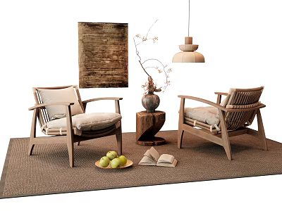 Two Leisure Chairs on Rug with Fruit Plate Books Decorative Painting Pendant Light and Vase 3d model