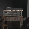 Modern Bar Counter With Dark Stone Top Hanging Pendant Lights Wooden Shelves And Bar Stools