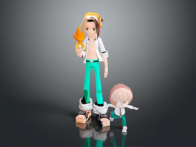 Tall Character Holding Yellow Creature And Short Pink Haired Figure In Green Outfits 3d model