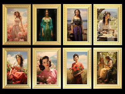 Collection of Female Portrait Paintings With Gold Frames and Diverse Attire Scenes 3d model