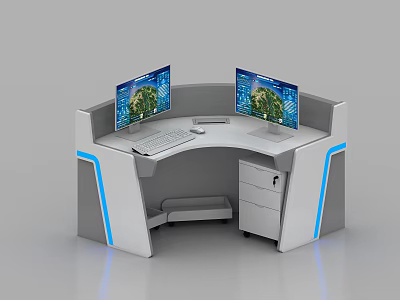 Modern Office Desk With Dual Monitors Curved Design And Blue Accent Stripes 3d model