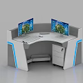 Modern Office Desk With Dual Monitors Curved Design And Blue Accent Stripes