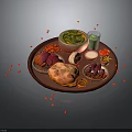 Wooden Tray With Assorted Foods Green Vegetables Beverage Red Berries Egg And Ingredients