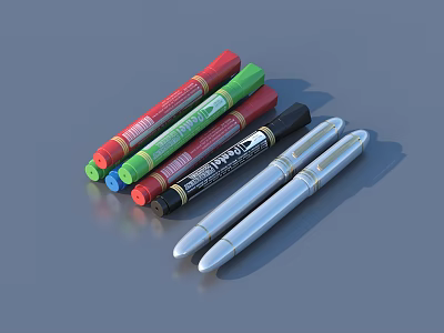 Colored Markers In Red Green Black And Silver Pens As Essential Daily Living Supplies 3d model