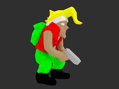 Game Character Yellow Spiky Hair White Headband Red Shirt Green Pants Backpack Holding White Object 3d model