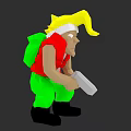 Game Character Yellow Spiky Hair White Headband Red Shirt Green Pants Backpack Holding White Object