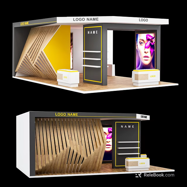 Modern Exhibition Booth Design With Wooden Stripes Yellow Background And Display Counters 3d model 