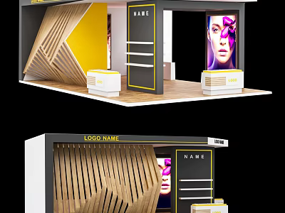 Modern Exhibition Booth Design With Wooden Stripes Yellow Background And Display Counters 3d model