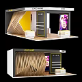 Modern Exhibition Booth Design With Wooden Stripes Yellow Background And Display Counters