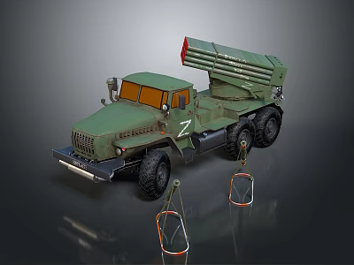 Military Green Heavy Duty Truck With Multiple Rocket Launcher And Support Stands 3d model
