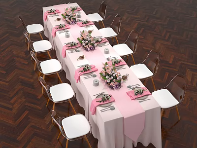Elegant Dining Table Set With White Tablecloth Pink Runner And Flower Centerpieces On Wooden Floor 3d model