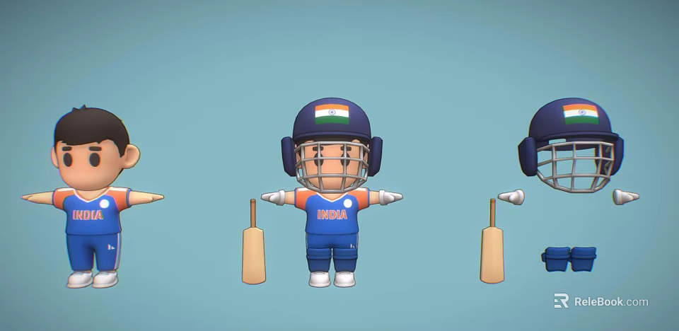 Indian Male Cricket Player In Blue Uniform With Helmet And Bat 3d model 